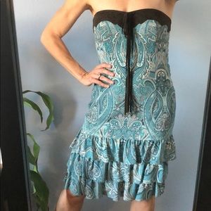 Escada Strapless Suede Trim Turquoise Paisley Ruffle Silk Dress